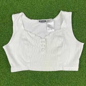 Simply Basic White Lace Trim Knit Summer Henley Cropped Tank Top Sz L